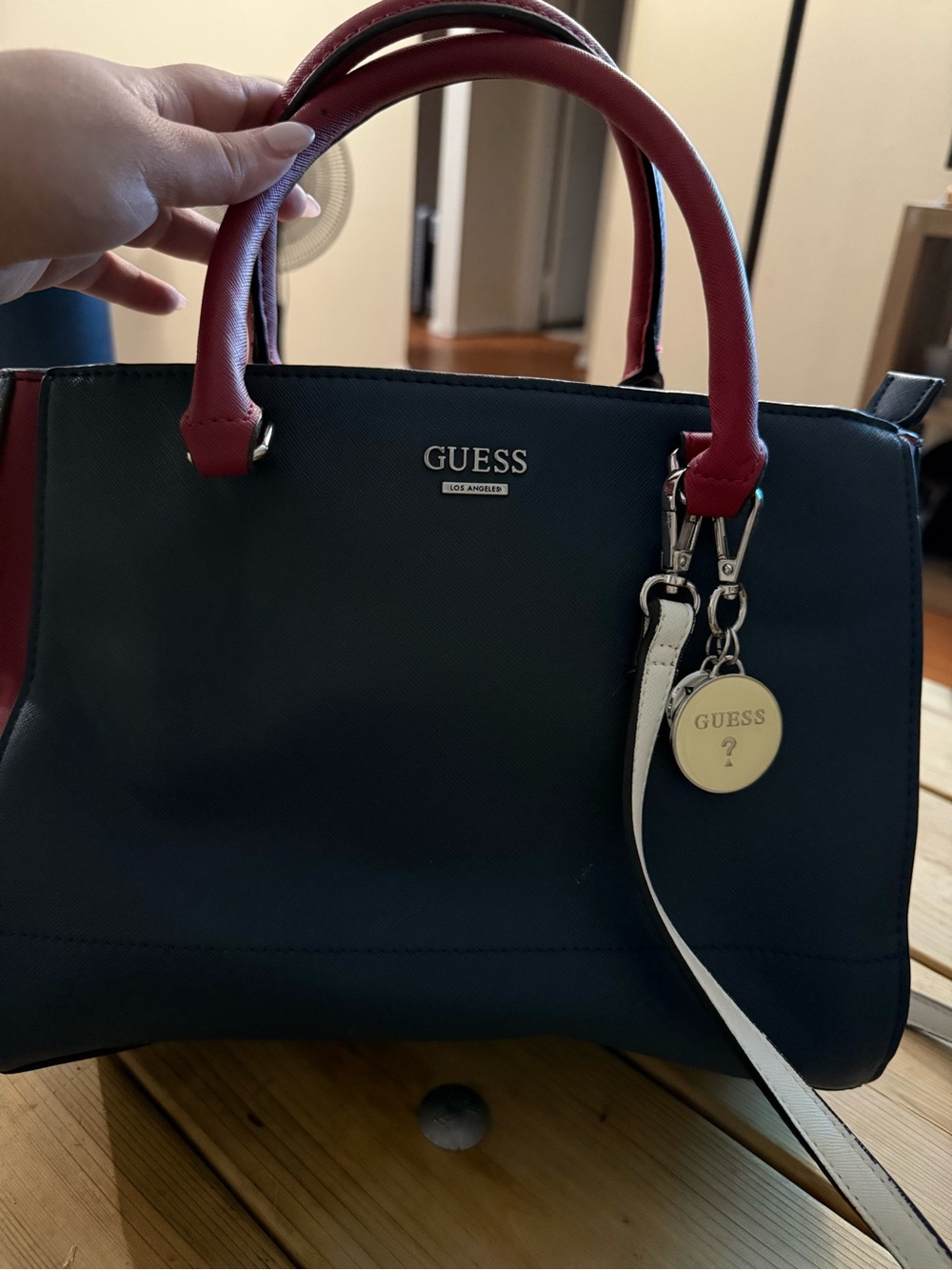 GUESS Navy and Red Top-Handle Satchel with White Strap Accent